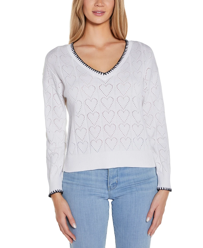 Belldini Women's Heart Pointelle V-Neck Sweater