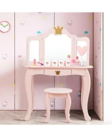 Kids Makeup Dressing Table with Tri-folding Mirror and Stool