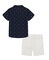 Tommy Hilfiger Toddler Boys 2-Piece Short Sleeve Logo Print Poplin Shirt and Twill Shorts Sets