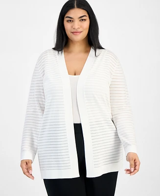 Anne Klein Plus Shadow-Striped Open-Front Cardigan