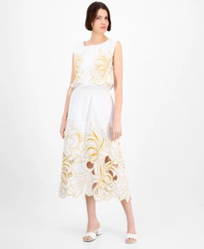 Avec Les Filles Womens Sleeveless Embroidered Drawstring Hem Top Embroidered Midi Skirt