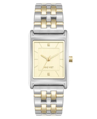 Nine West Women's Quartz Rectangular White and Two-Tone Metal Alloy Watch, 24mm