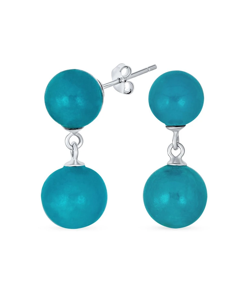 Bling Jewelry Classic Simple Dangle Double Round Natural Teal Blue Green Jade 2 Drop Ball Earrings .925 Sterling Silver 10MM