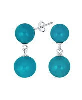 Bling Jewelry Classic Simple Dangle Double Round Natural Teal Blue Green Jade 2 Drop Ball Earrings .925 Sterling Silver 10MM