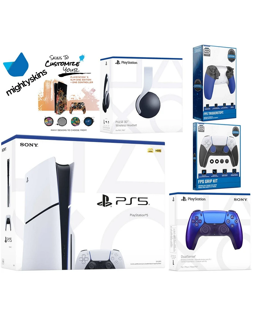 Sony Playstation 5 Slim Disc Bundle with White Pulse Headset, Extra Nova Pink Controller, Trigger Stop Kit, Fps Grip Kit and MightySkins Decal Voucher