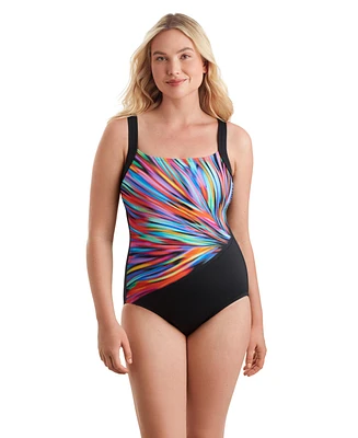 ShapeSolver Sport by Mimi Flamingo Women's Squareneck Illusion Tank One Piece Swimsuit