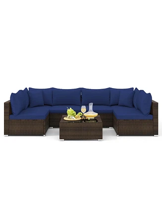 Gymax Set of 7 Rattan Furniture Set Sectional Sofa Cushioned Garden Patio