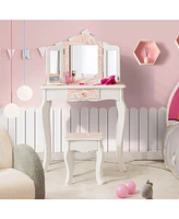 2-in-1 Kids Vanity Table Set with Tri-folding Mirror