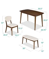 Best Choice Products 4-Piece Mid-Century Modern Upholstered Wooden Dining Set w/ 2 Chairs, Bench - Walnut/Cream