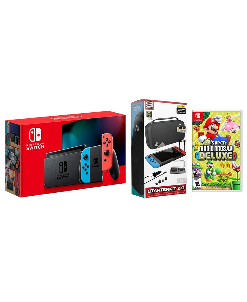 Nintendo Switch 32GB Console Neon Red/Blue Joy-Con Bundle with Surge 11-In-1 Accessory Starter Pack and Super Mario Bros. U Deluxe