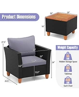 Gymax Set of 3 Rattan Furniture Set Patio Cushioned Sofa Storage Table w/ Wood Top