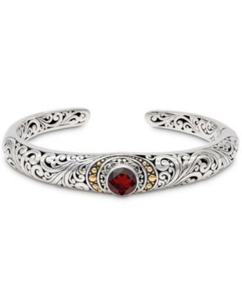 Devata Garnet Bali Filigree Cuff Bracelet In Sterling Silver 18k Gold Accents Small