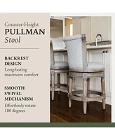Maven Lane Pullman Counter Stool in Reclaimed Oak Finish with Ash Grey Fabric Upholstery, Set of 3