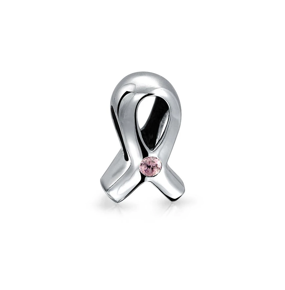 Bling Jewelry Empowering Pink Ribbon Breast Cancer Survivor Cz Charm Bead - Sterling Silver Gift