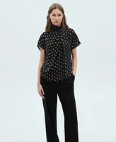 Mango Women's Draped Collar Polka Dot Blouse Top