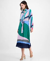 T Tahari Women's Mixed-Print Pleated Tie-Waist Midi Dress