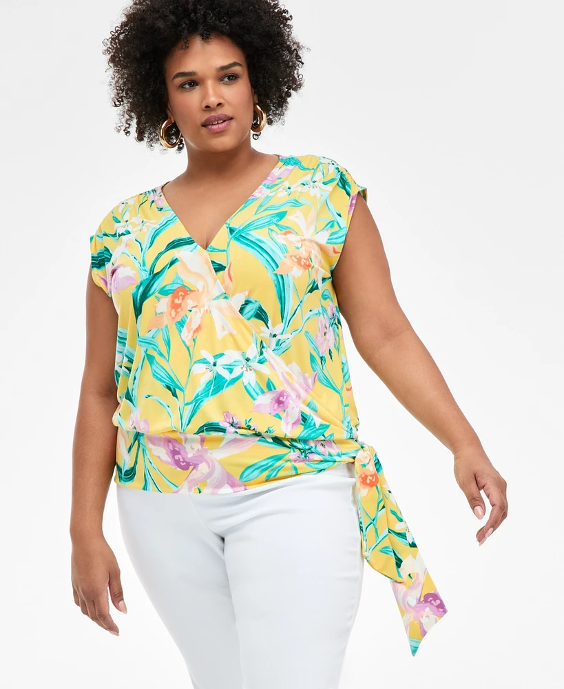 I.n.c. International Concepts Plus Printed Side-Tie Cap-Sleeve Surplice Top