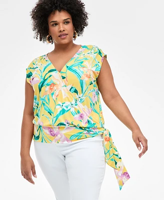 I.n.c. International Concepts Plus Printed Side-Tie Cap-Sleeve Surplice Top