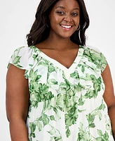 Taylor Plus Printed Chiffon Ruffle-Sleeve Maxi Dress