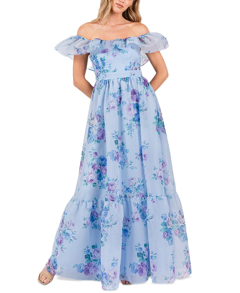 B Darlin Juniors' Floral Off-The-Shoulder Ruffle Gown
