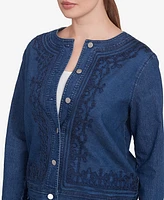 Ruby Rd. Petite Dark Stretch Denim Embroidered Jacket
