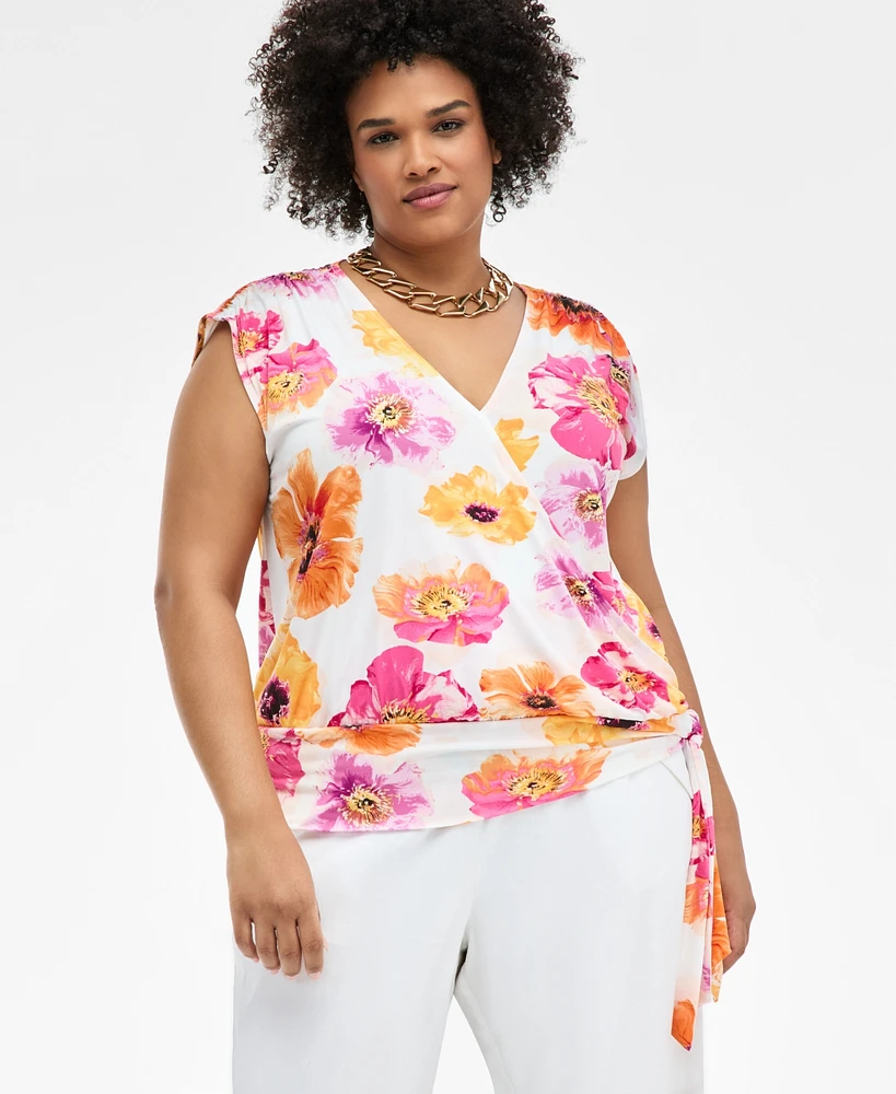 I.n.c. International Concepts Plus Printed Side-Tie Cap-Sleeve Surplice Top, Exclusively at Macy's