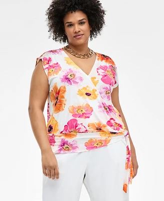 I.n.c. International Concepts Plus Printed Side-Tie Cap-Sleeve Surplice Top, Exclusively at Macy's