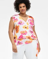 I.n.c. International Concepts Plus Printed Side-Tie Cap-Sleeve Surplice Top, Exclusively at Macy's