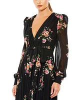 Women's Belted Floral Print Illusion Long Sleeve Gown