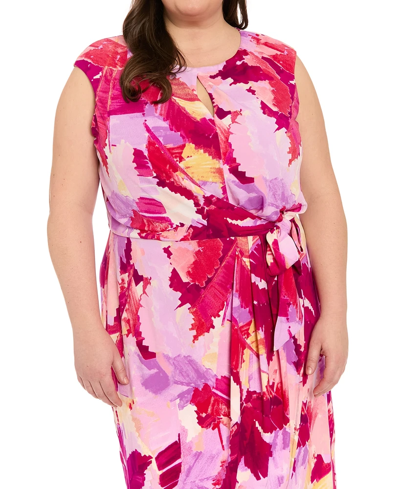 London Times Plus Printed Side-Tie Sleeveless Dress