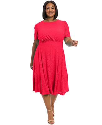 London Times Plus Eyelet Jersey Short-Sleeve Midi Dress