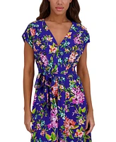 kensie Women's Printed V-Neck Smocked-Back A-Line Dress