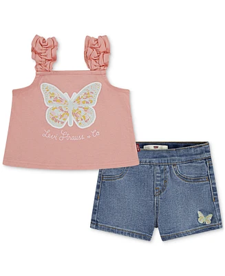 Levi's Baby Girls Ruffle Strap Butterfly Tank Top & Shorts, 2 Piece Set