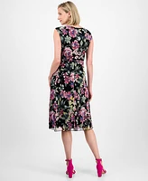 Connected Women's Floral Chiffon Tie-Waist Midi Dress