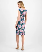 Connected Women's Printed Gathered Cap-Sleeve Sheath Dress