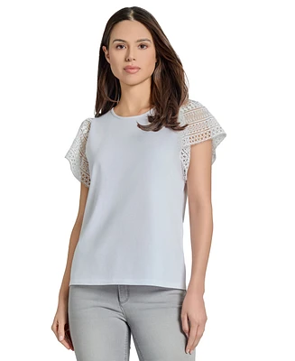Jones New York Women's Crochet Flutter-Sleeve Top