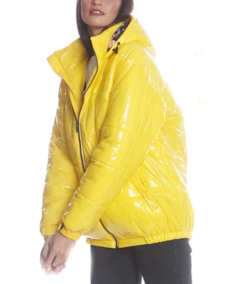 Members Only Women's Hi-Shine Chevron Quilt Puffer with Nickelodeon Mashup Print Lining Jacket