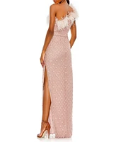 Mac Duggal Embellished One Shoulder Feathered Gown