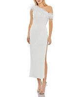 Mac Duggal Women's Feather Trim One Shoulder Draped Dress