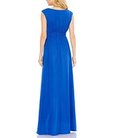 Women's Pleated Bateau Cap Sleeve A Line Gown