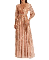 Women's Sequined Wrap Over 3/4 Sleeve Gown