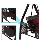 3-Person Patio Swing with Side Tables - Adjustable Tilt Canopy - 600 lb Capacity - Steel and Polyester - Merlot