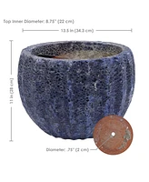 13.5" Fluted Lava Finish Ceramic Plant Pot - Features 1 Drainage Hole - 1.94 Gal Soil Capacity - Dark Blue