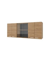 Fm Furniture Lydia Wall Cabinet kitchen in Melamine wit 4 Doors and Glass Storage, Natural Oak