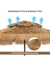 ft. Outdoor Double Layer Hawaiian Style Market Umbrella in Brown with Base and 32-Light Beads