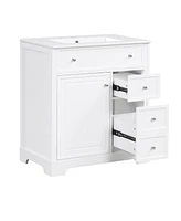 30" White Bathroom Vanity Cabinet with Sink Top and Storage