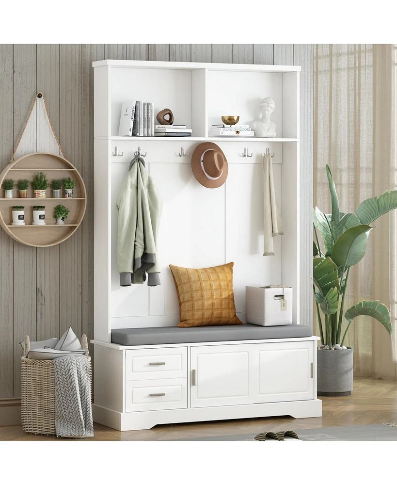 Space-Saving Hall Tree: Sliding Doors, Silvery Hooks, Mudroom Bench, Shoe Storage, Cushion
