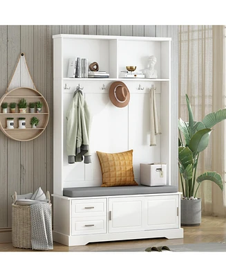 Space-Saving Hall Tree: Sliding Doors, Silvery Hooks, Mudroom Bench, Shoe Storage, Cushion