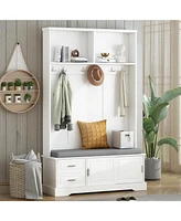 Space-Saving Hall Tree: Sliding Doors, Silvery Hooks, Mudroom Bench, Shoe Storage, Cushion