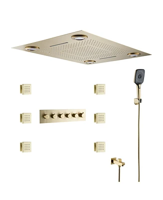 5-Function Luxury Thermostatic Shower System with Body Jets, Led Lights, Rainfall Head, and Handheld Spray, Brushed Gold